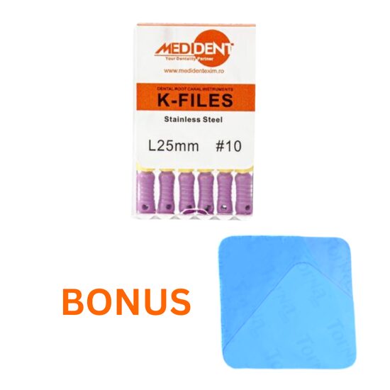 Pachet promotional: Ace K-File 10x25mm cutie x 6 buc. by Medident x 20 cut + BONUS Camp diga Dental Dam latex 152mm*152mm, 36 buc Blue Medium by Medident